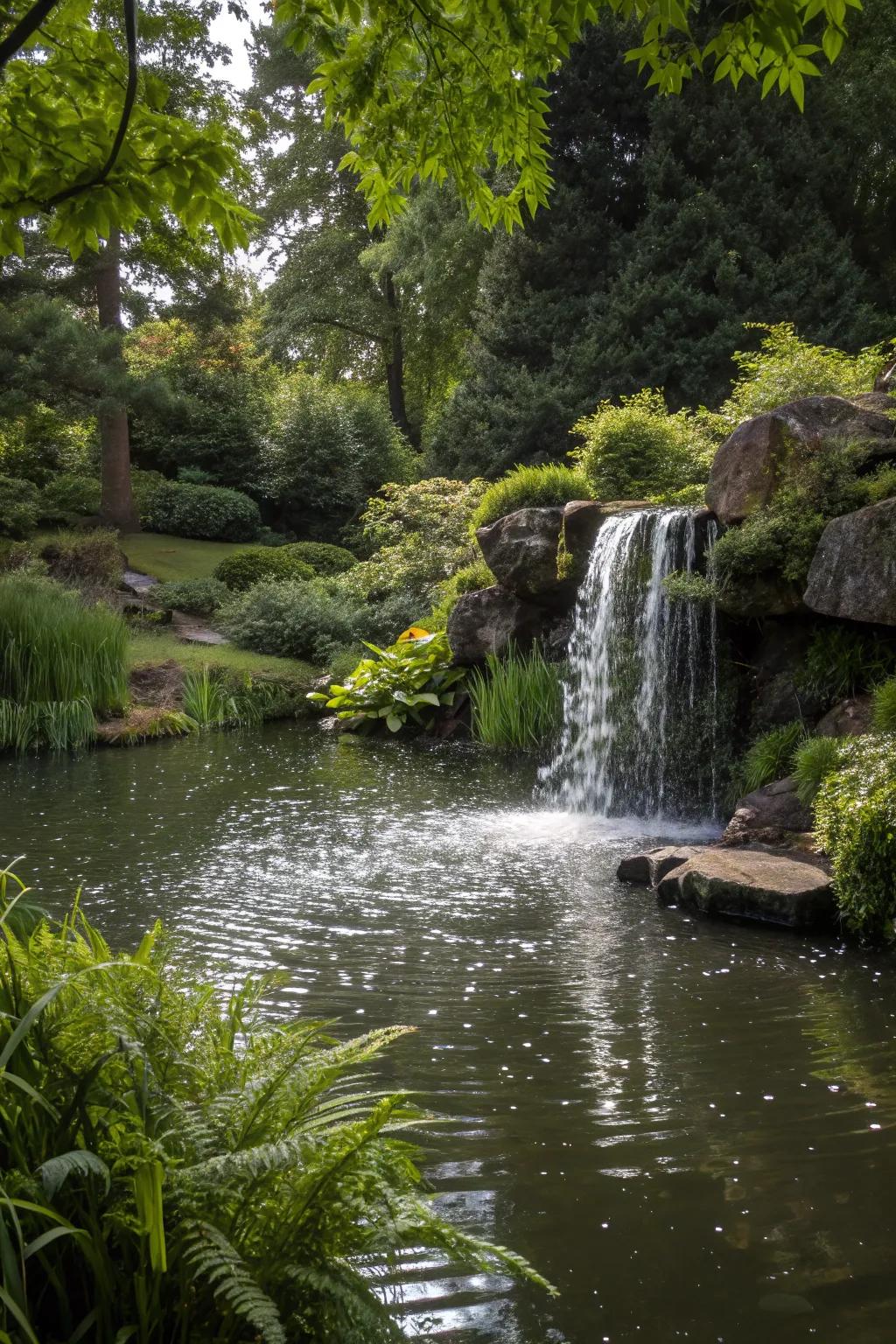 A tender cascade introduces vitality and sound to a tranquil pond environment.