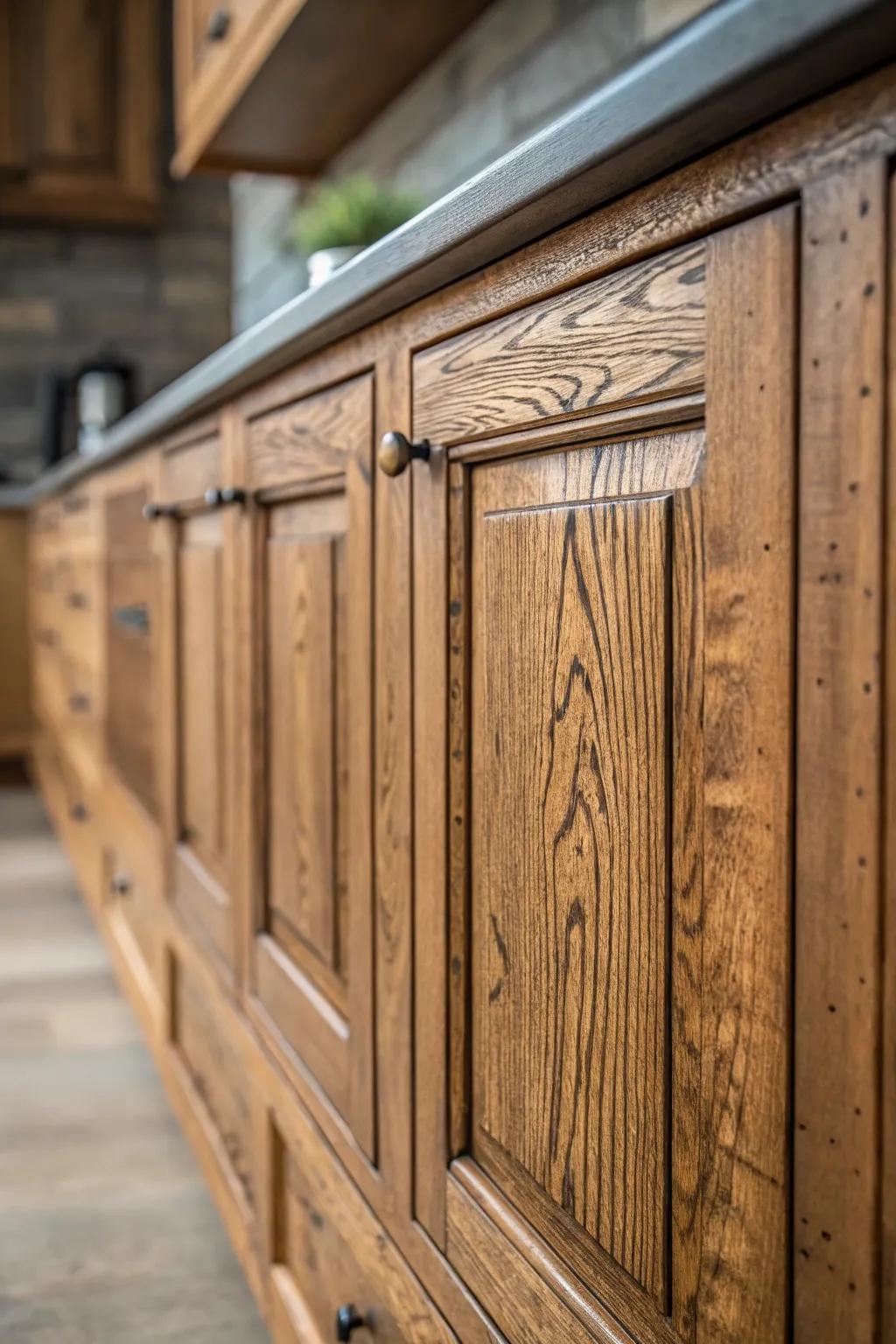 Timber cabinetry with unique grain designs enriches depth and personality.