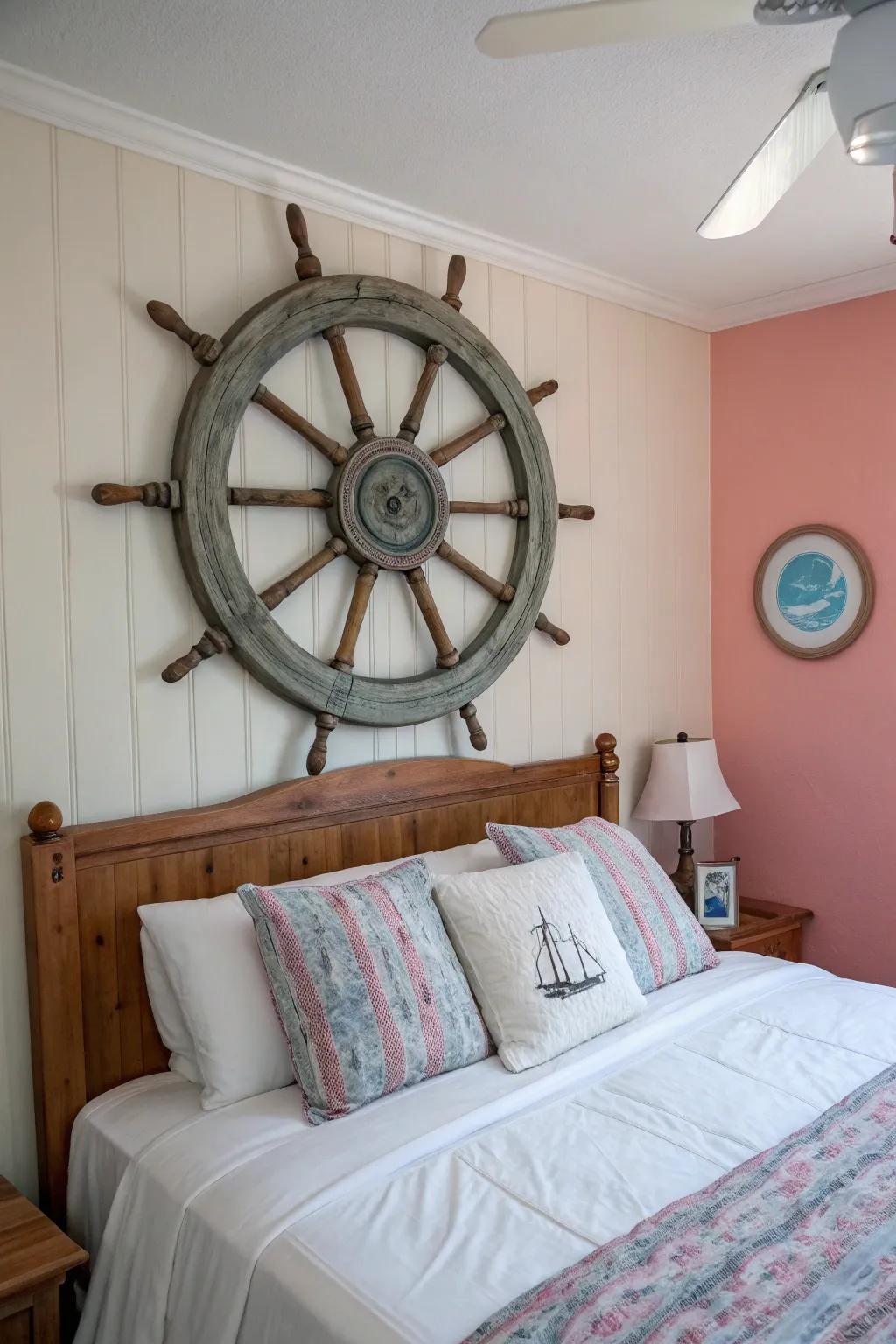 A vintage ship wheel provides the room with maritime appeal.
