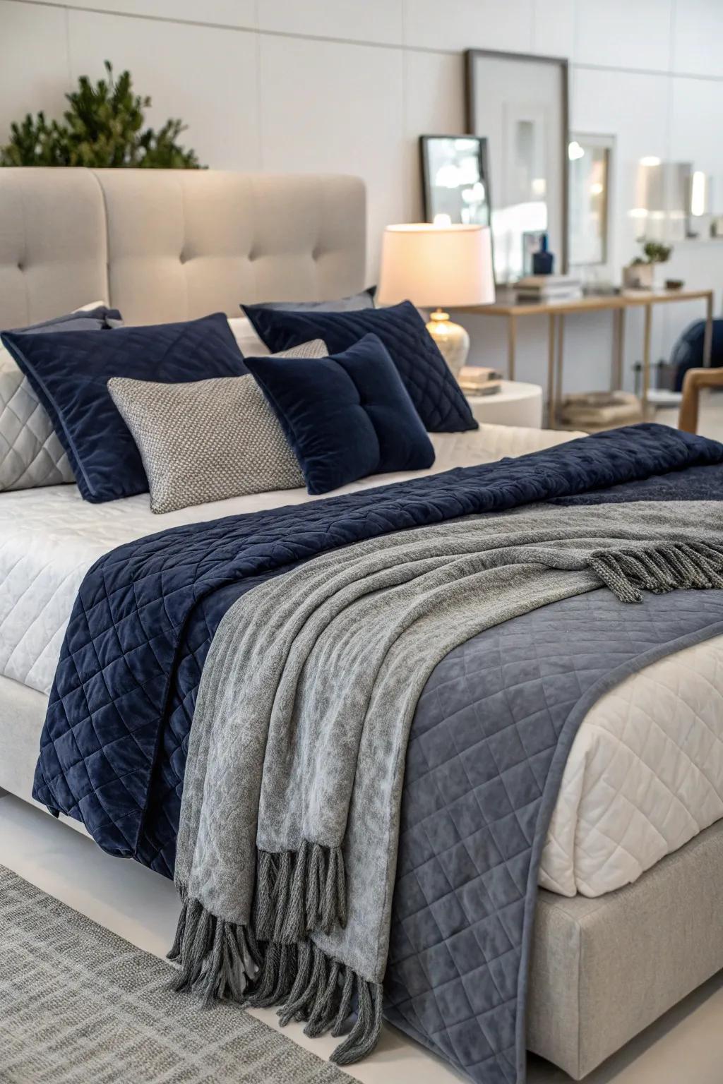 Integrating diverse textures in shades of grey and navy infuses the bedroom with warmth and unparalleled comfort.
