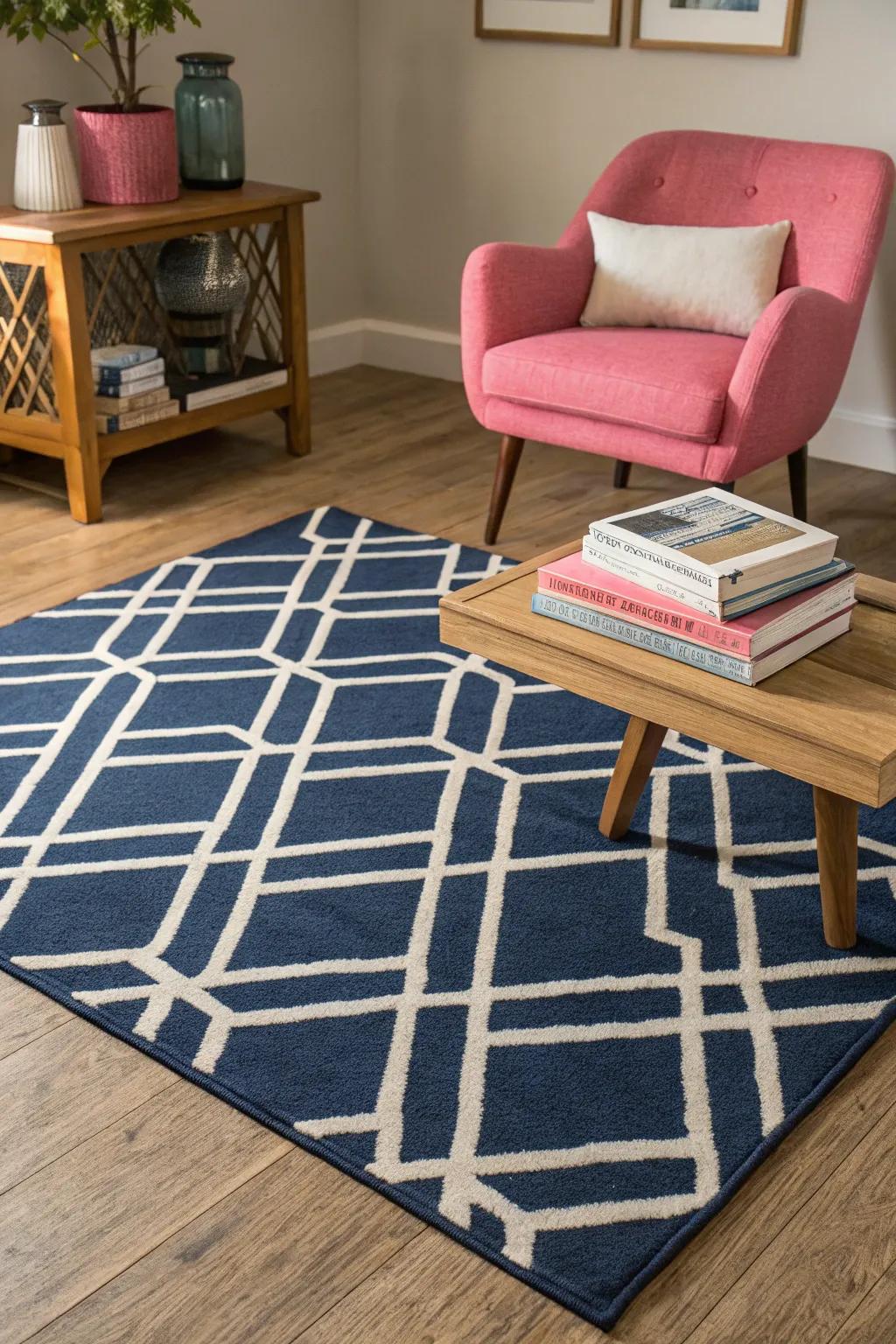 Patterned carpets contribute to the depth and feel of a navy and pink color scheme.