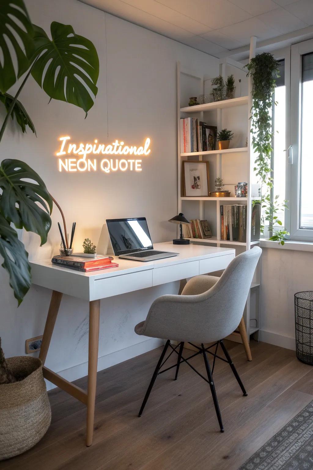 Permit an inspirational neon quote to illuminate your workspace.