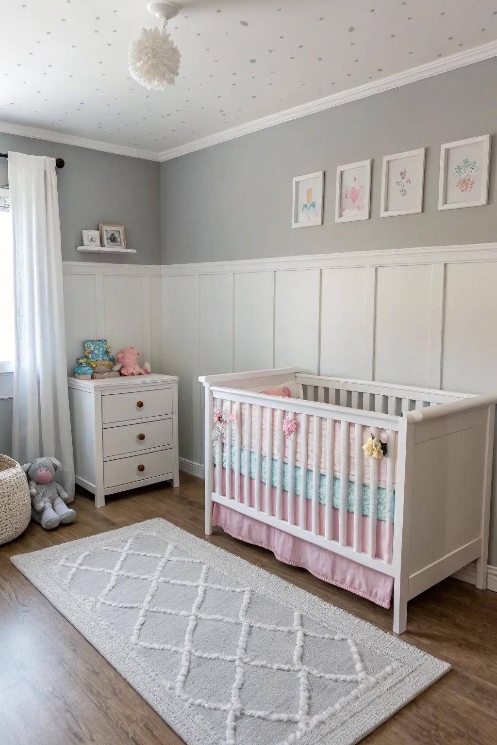 A modern nursery with whisper gray walls.