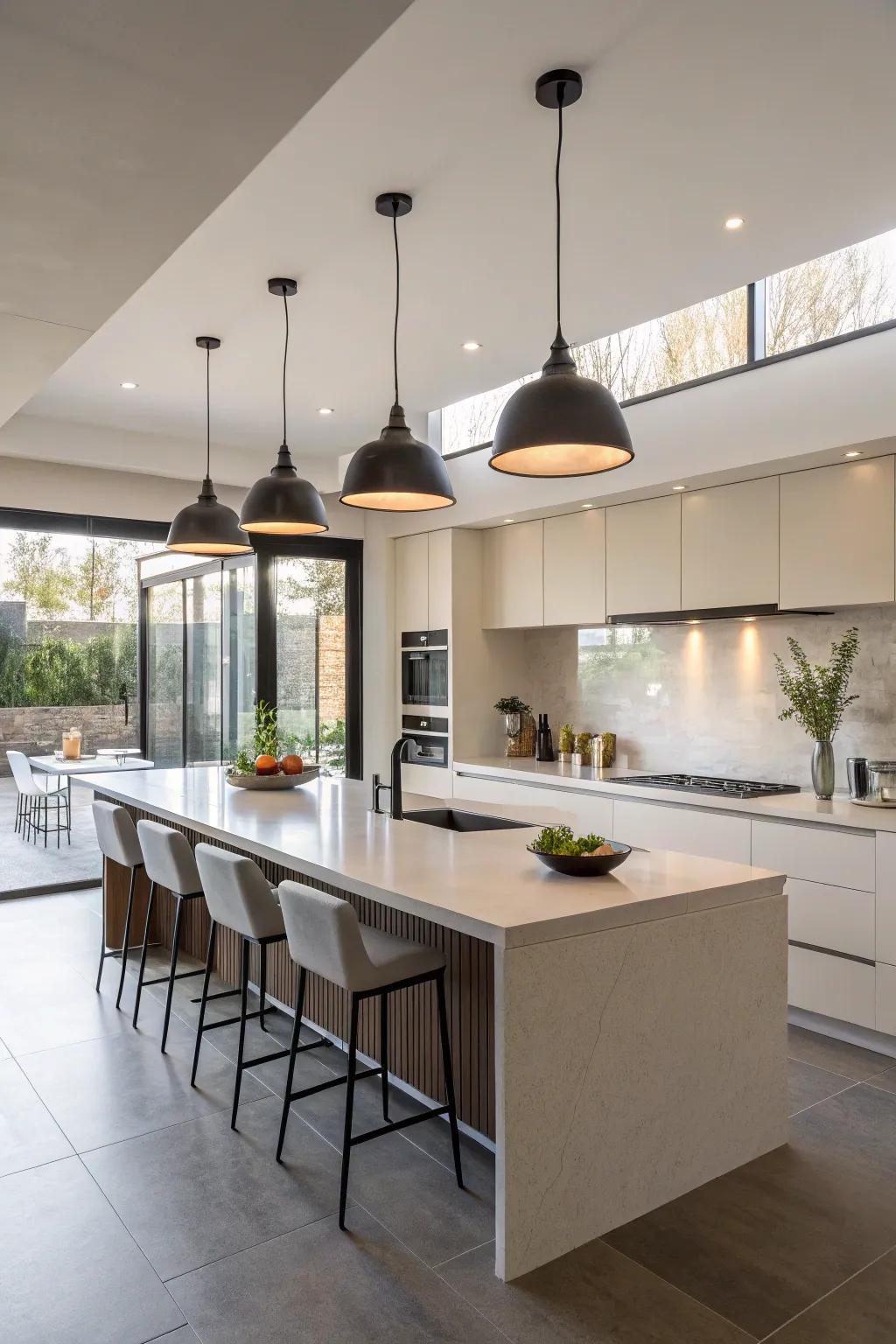 Hanging lights adding a modern touch to the kitchen.