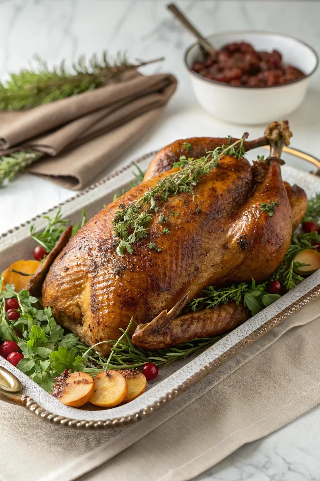 A perfectly baked fowl, adding an elegant touch to the New Year's Day dinner.
