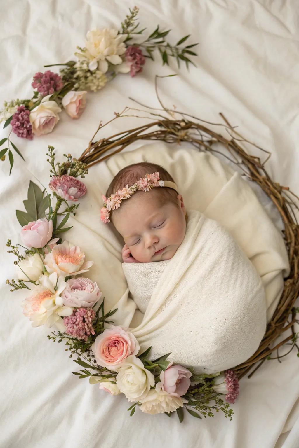 A newborn nestled within a beautiful floral wreath.