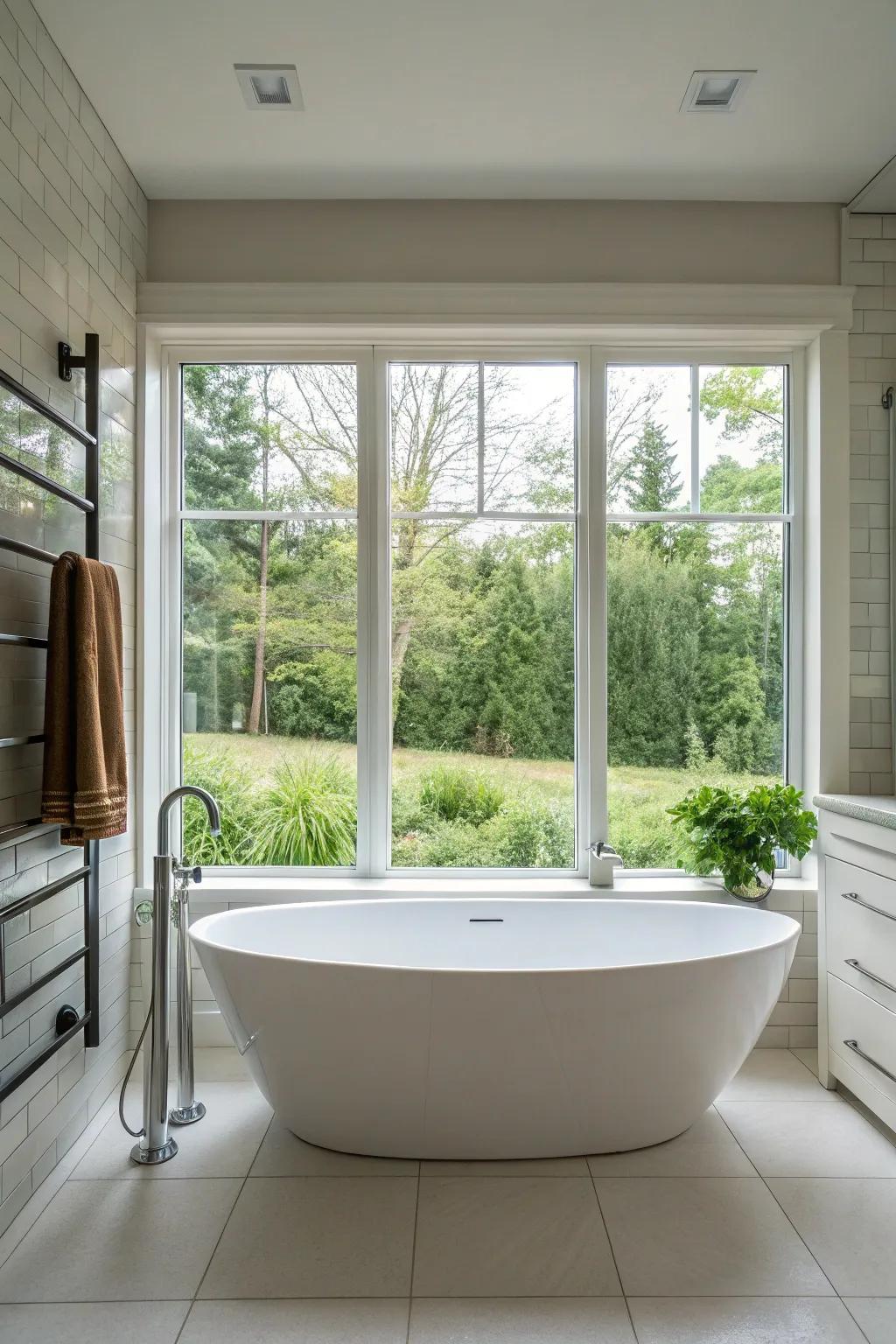 A freestanding bathtub elegantly positioned by a large window.