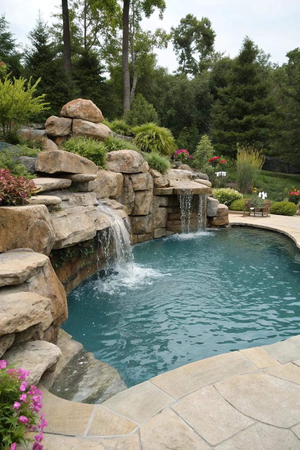 A <strong>pool</strong> featuring organic rock arrangements and a cascade, forming a tranquil and organic escape.” loading=”lazy” class=”pimg”>
	</picture><figcaption>A <strong>pool</strong> featuring organic rock arrangements and a cascade, forming a tranquil and organic escape.</figcaption></figure>
<p>Incorporate <strong>organic accents</strong> such as stones and cascades into your <strong>pool</strong> layout for a peaceful and calm feel. This design introduces a hint of nature to your yard, rendering it an ideal sanctuary.</p>
<h3>A few choices to try:</h3>
<ul class=