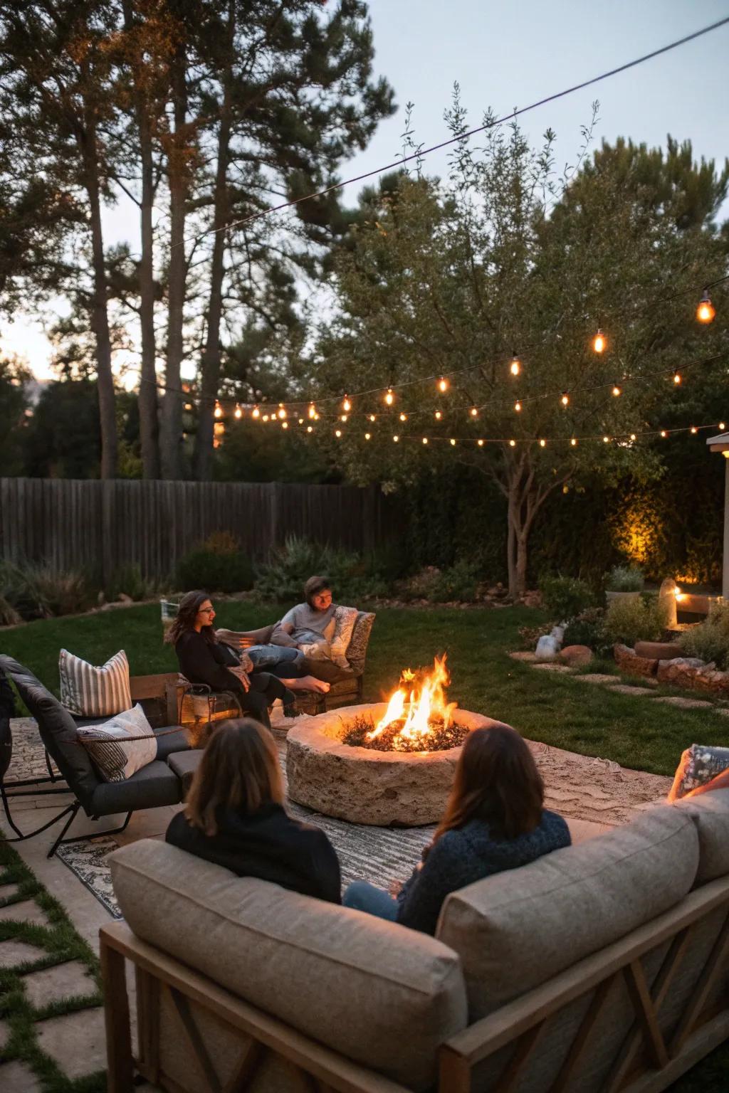 A fire pit creates a cozy focal point for your night gathering.