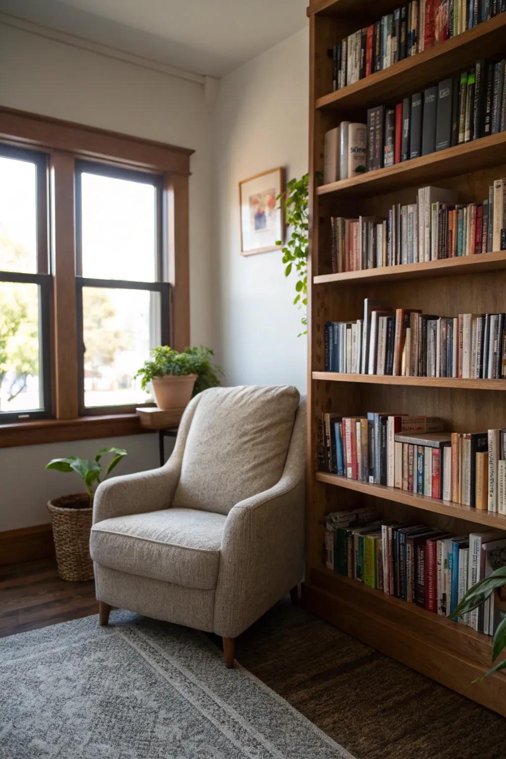 A bookshelf getaway that blends practicality with a passion for reading.
