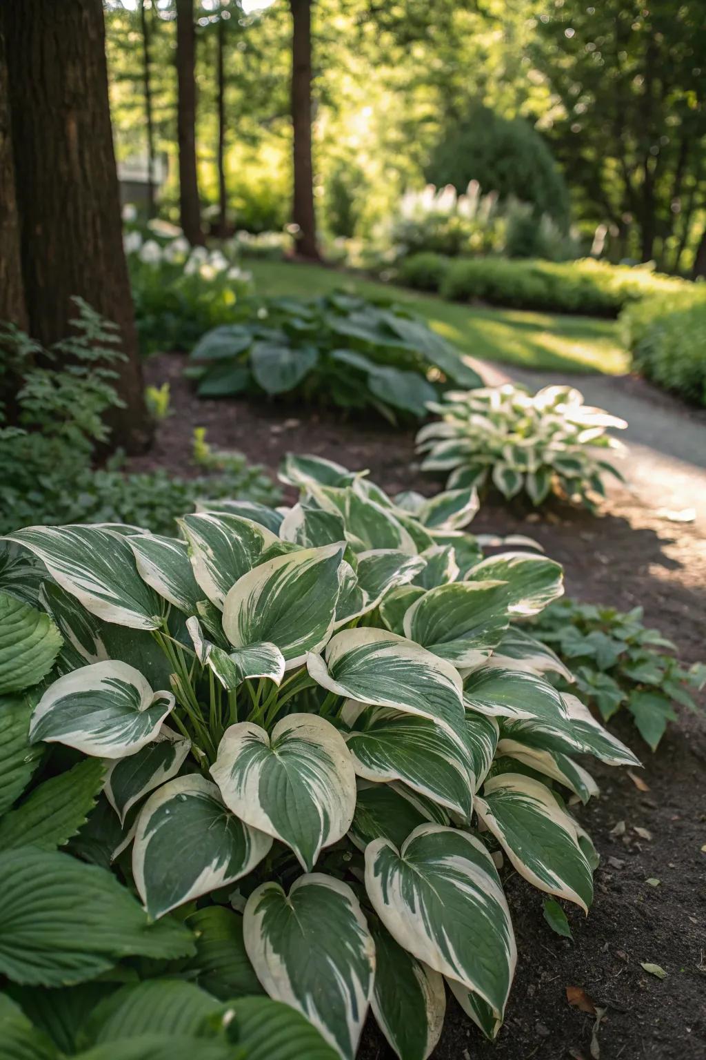 Assorted hostas bring a sense of luxury and grace to the garden with their varied foliage.
