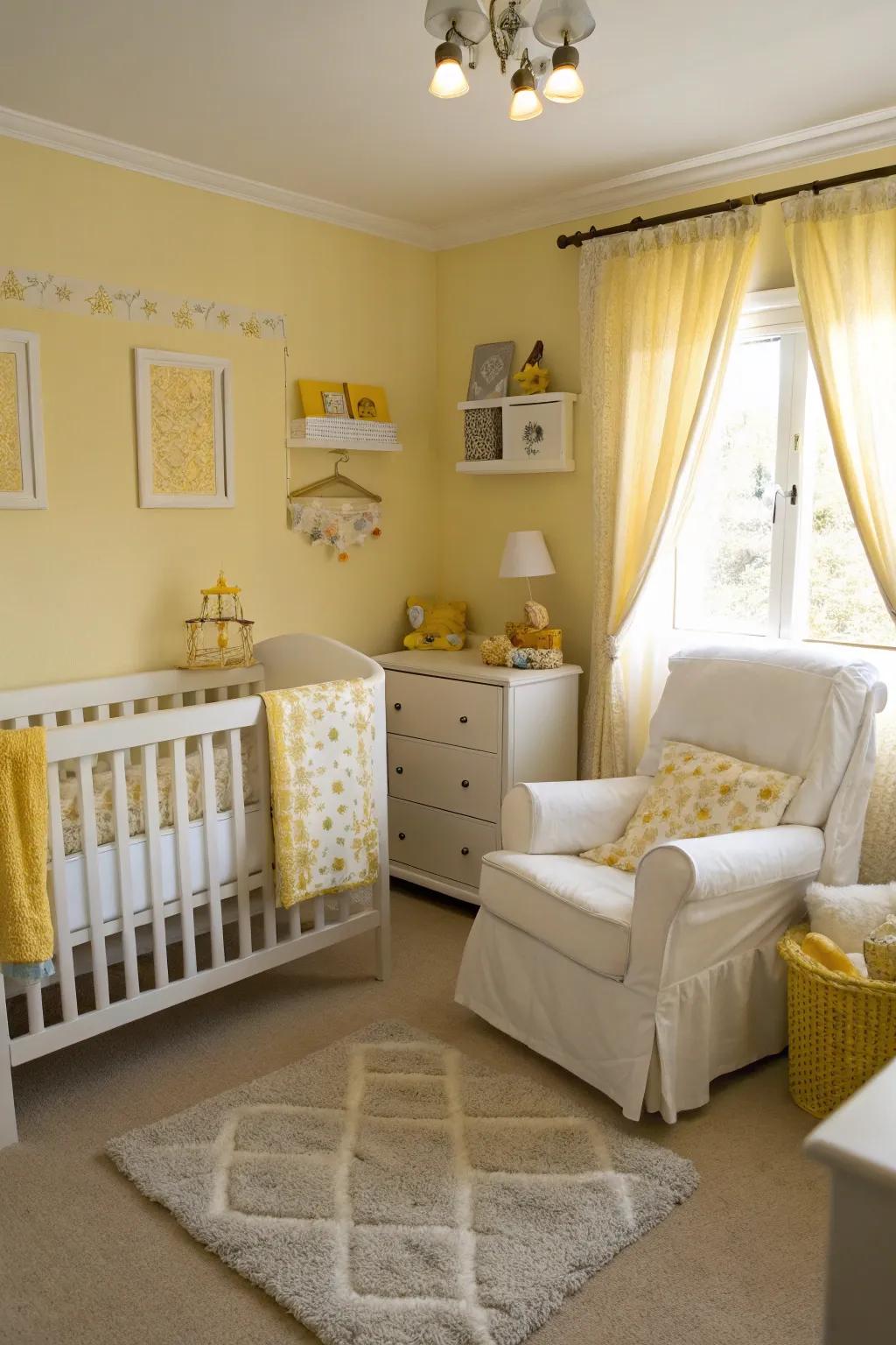 A bright nursery boasting light goldish yellow touches.