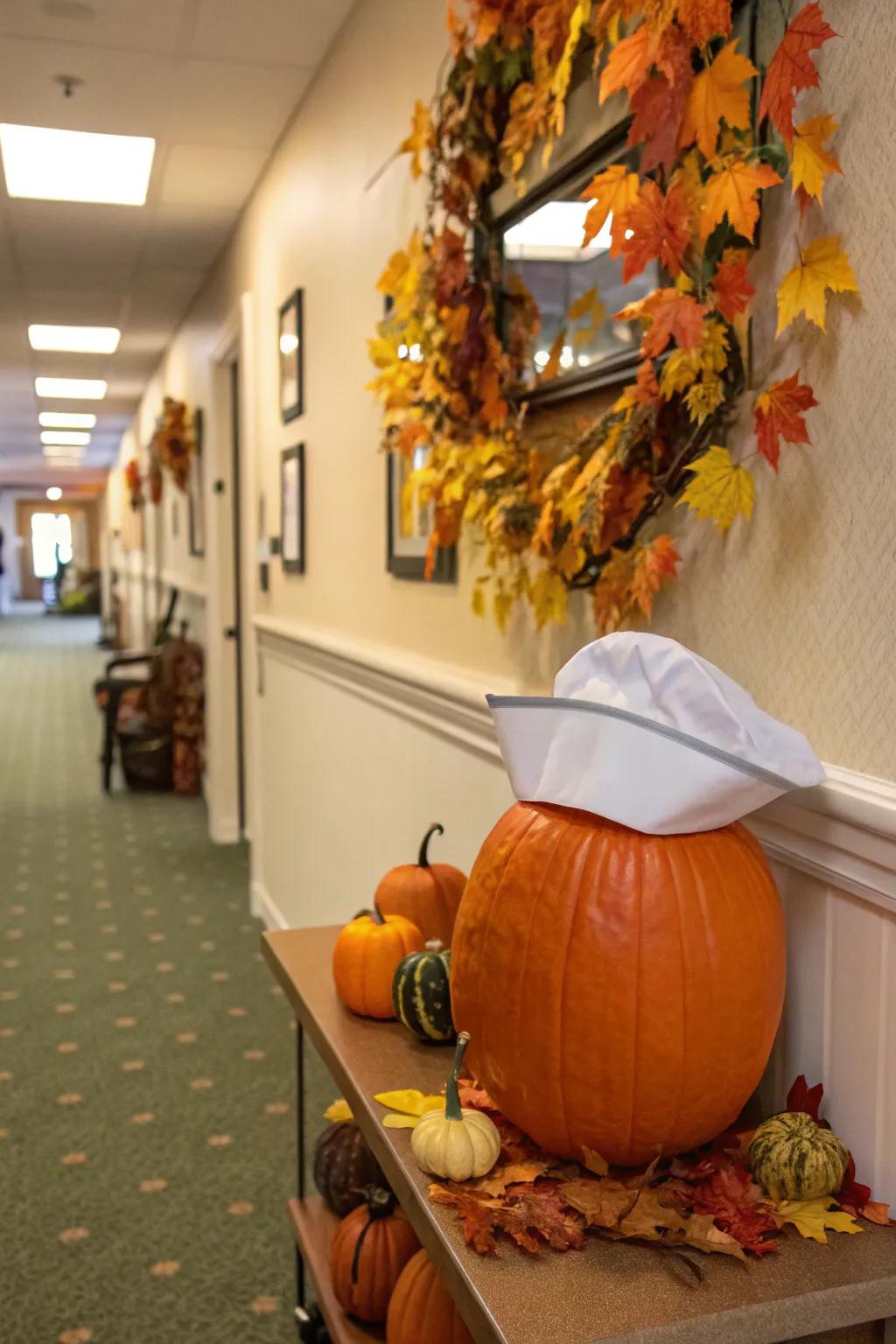 A pumpkin in a caregiver's hat evokes a sense of nostalgia.