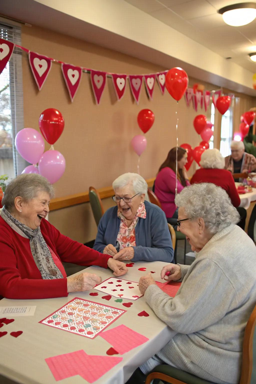 Residents having fun with a Valentine's-themed bingo game.