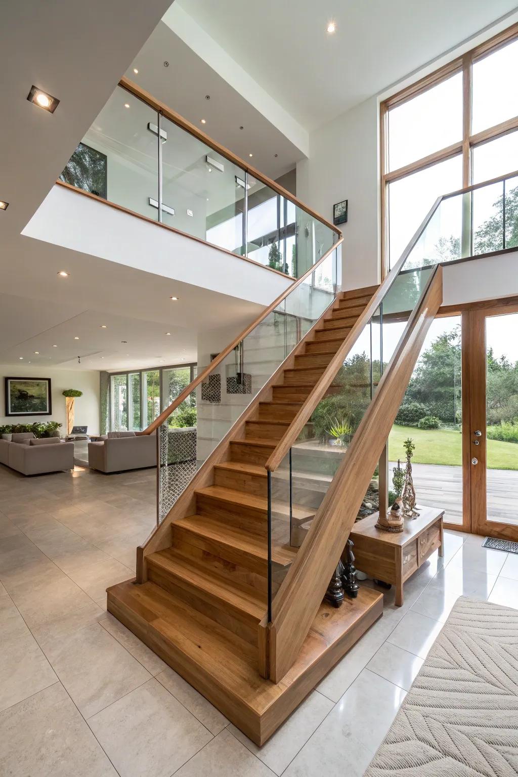 A modern fusion of oak and crystal for a stylish staircase blueprint.
