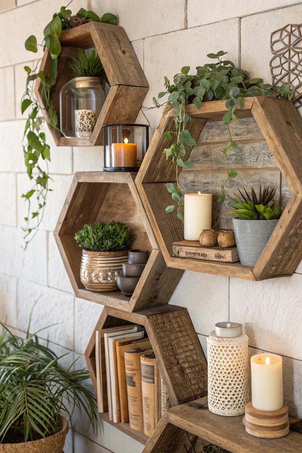 Natural wood octagon shelves beautifully accent rustic decor.