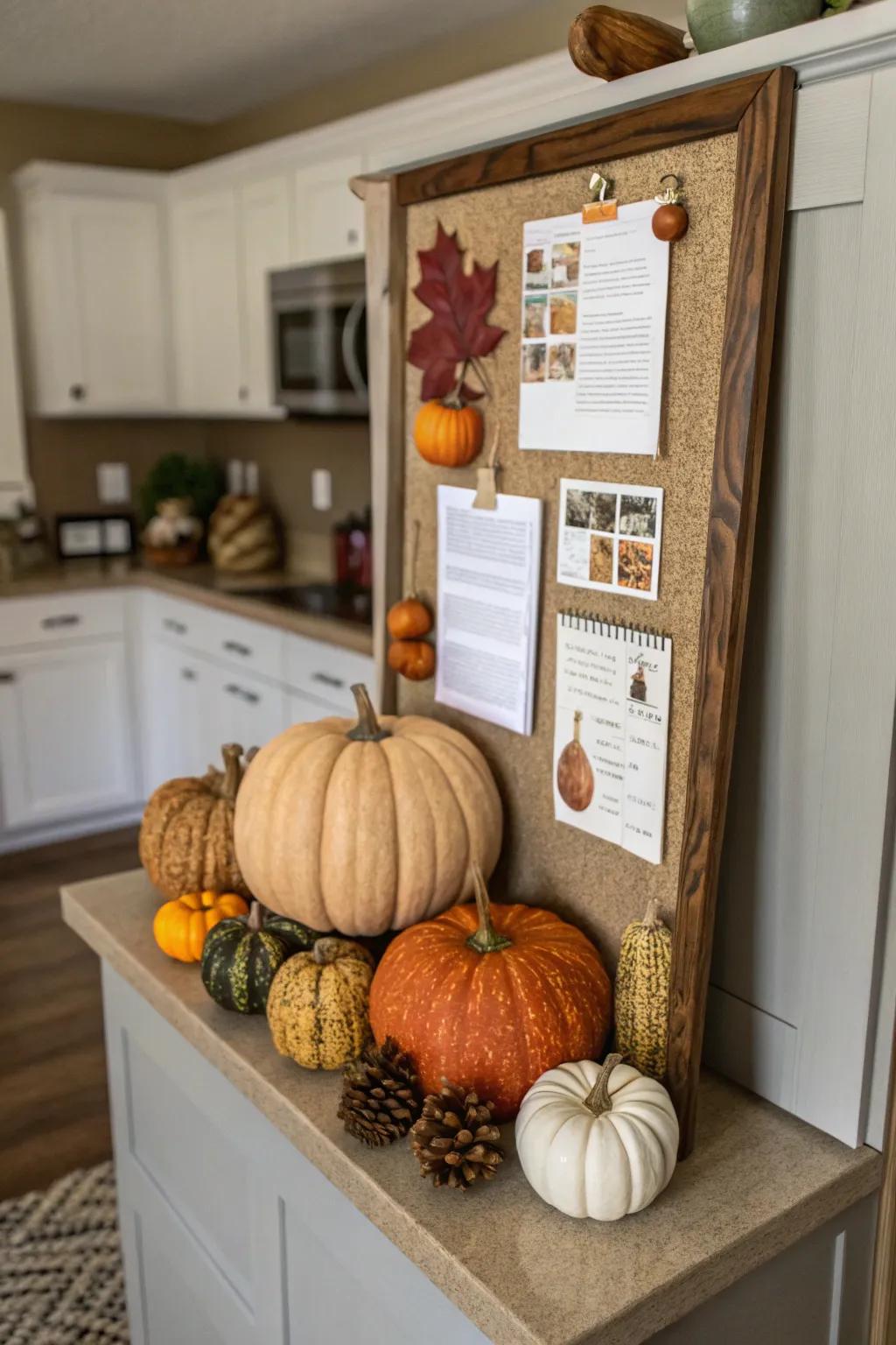 A kitchen corner bulletin board styled as a pumpkin patch.