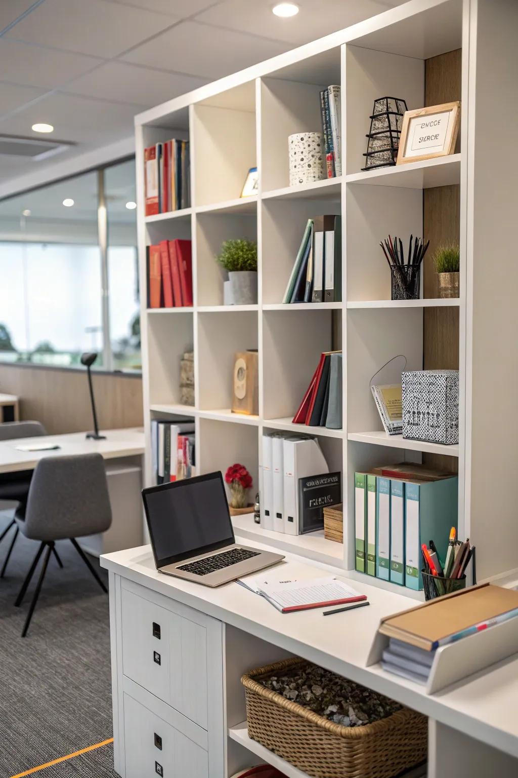 A cohesive desk and bookshelf blend for a seamless home office.