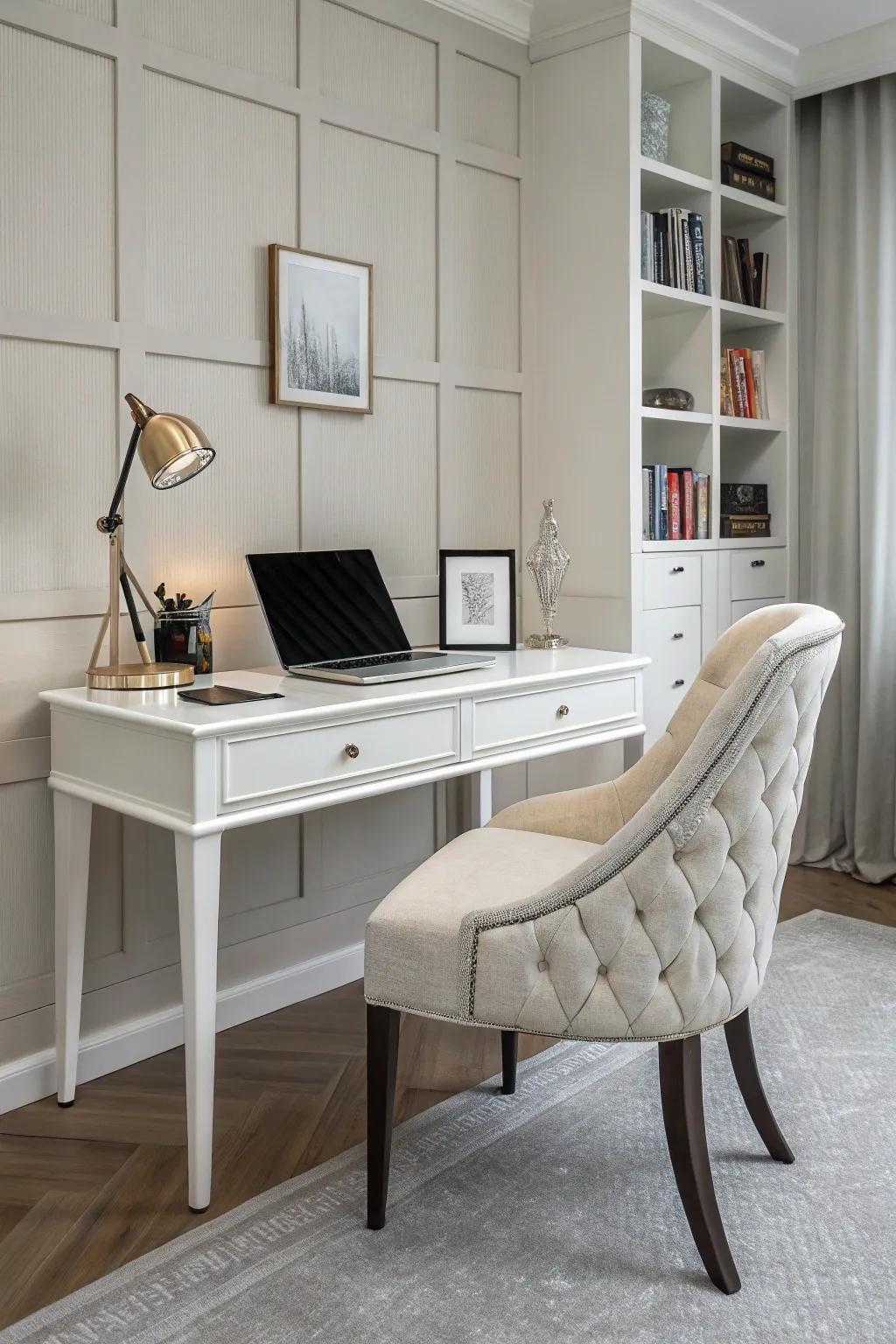 A modern desk and a chic chair transform your workspace into an inviting and updated haven.