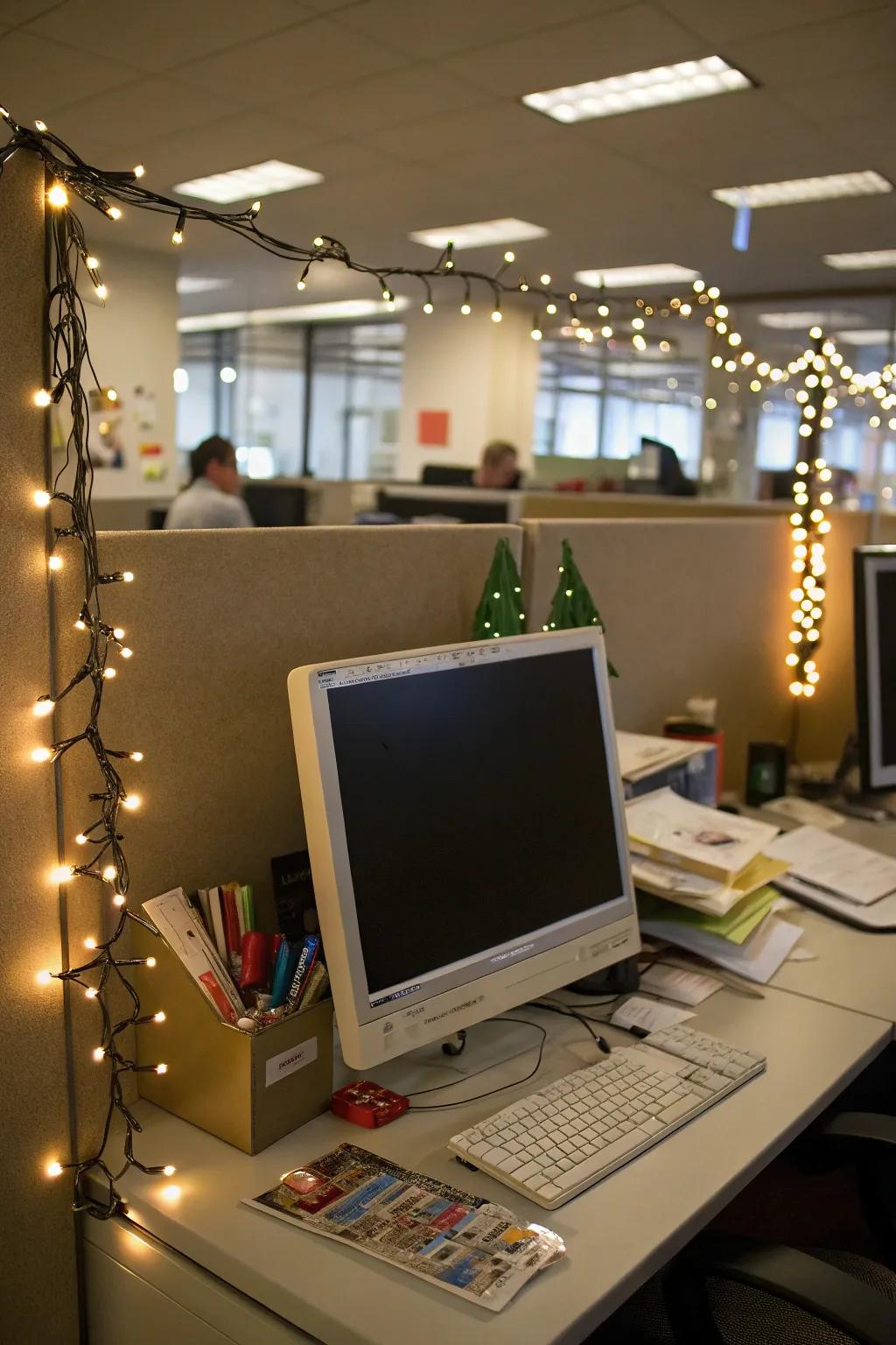 Dazzling fairy lights turn your desk into a festive center point.