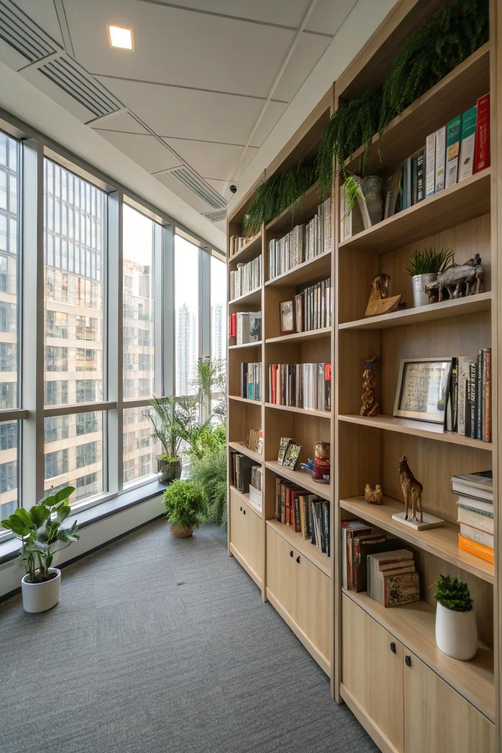 Floor-to-ceiling bookshelves provide ample storage and a touch of elegance to any office reading room.