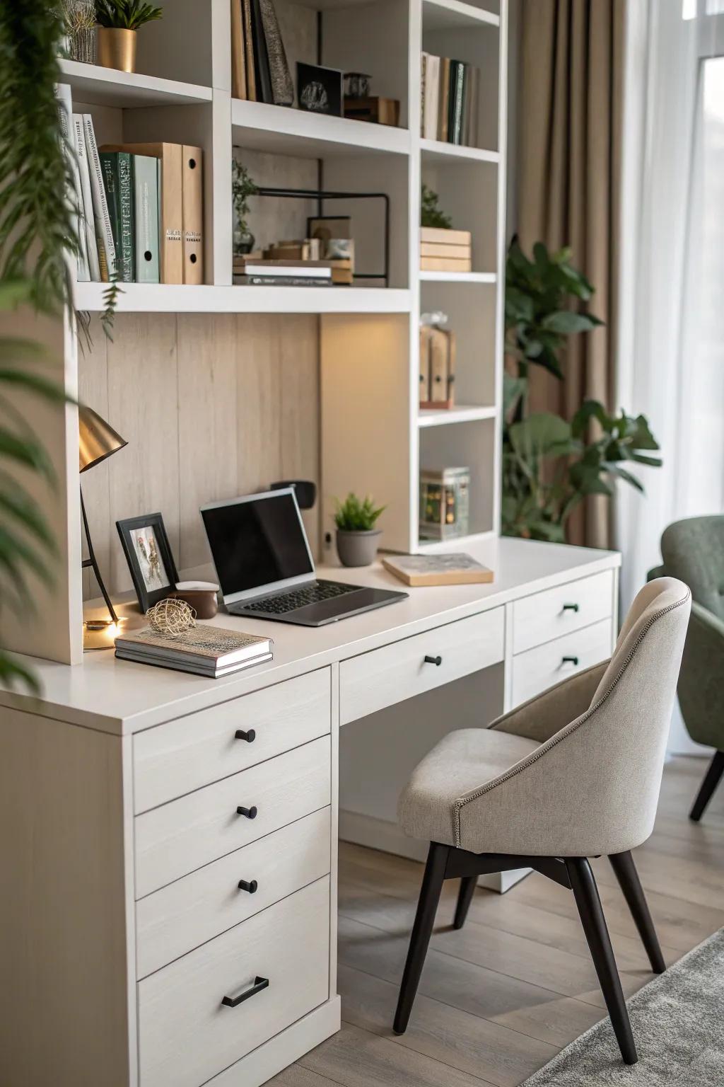 A multi-functional desk provides both workspace and storage solutions.