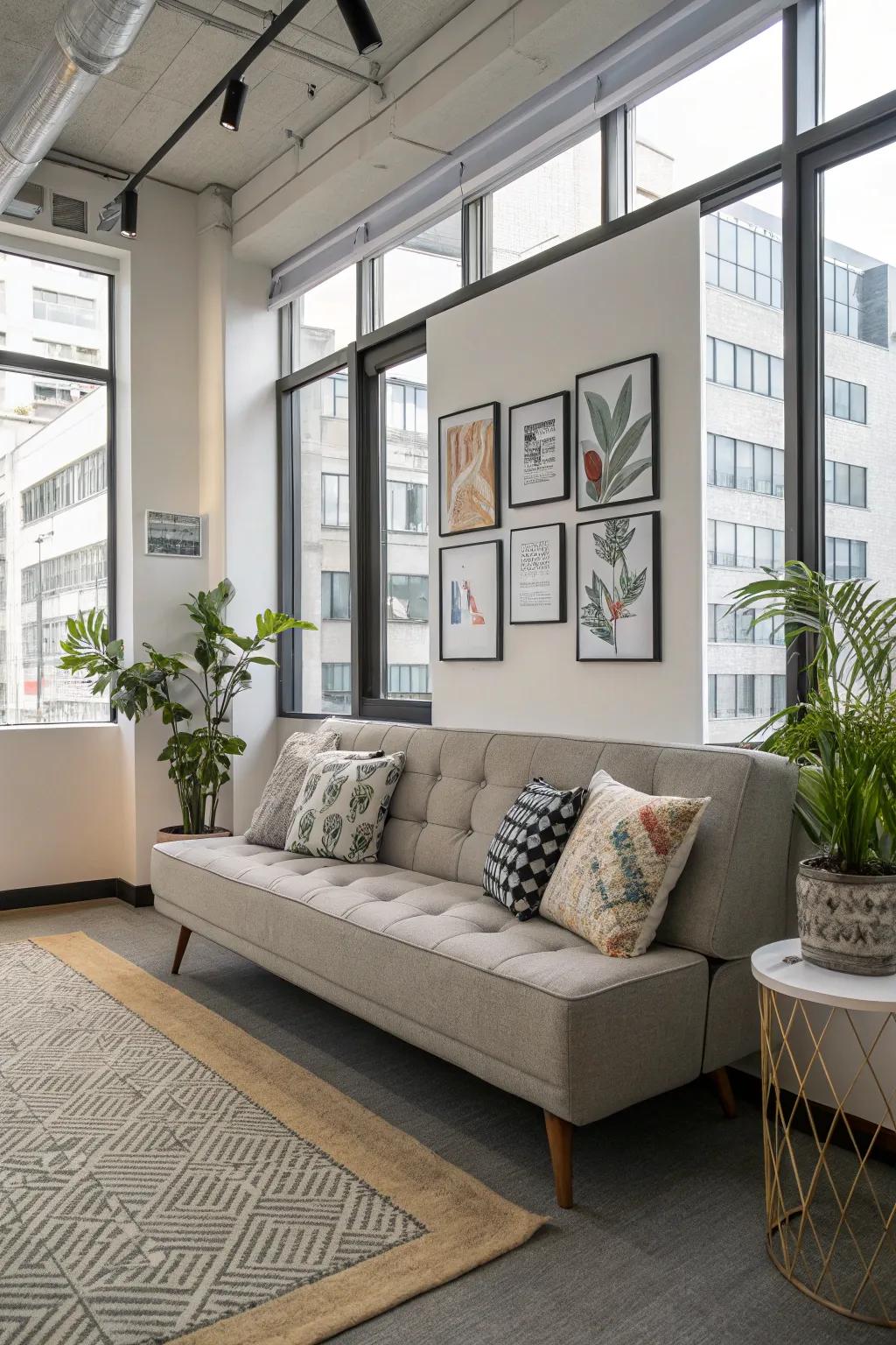 A stylish and sophisticated sleeper couch brings refinement to the office.