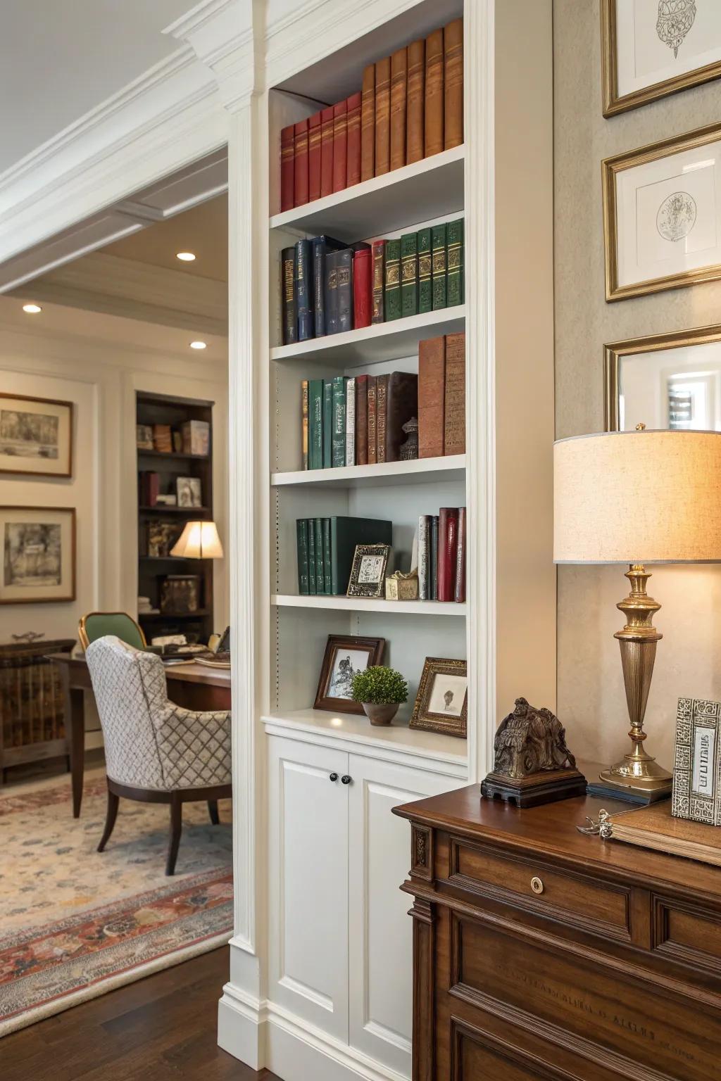 Shelves filled with books and decorations bring intellectual appeal to your virtual presence.