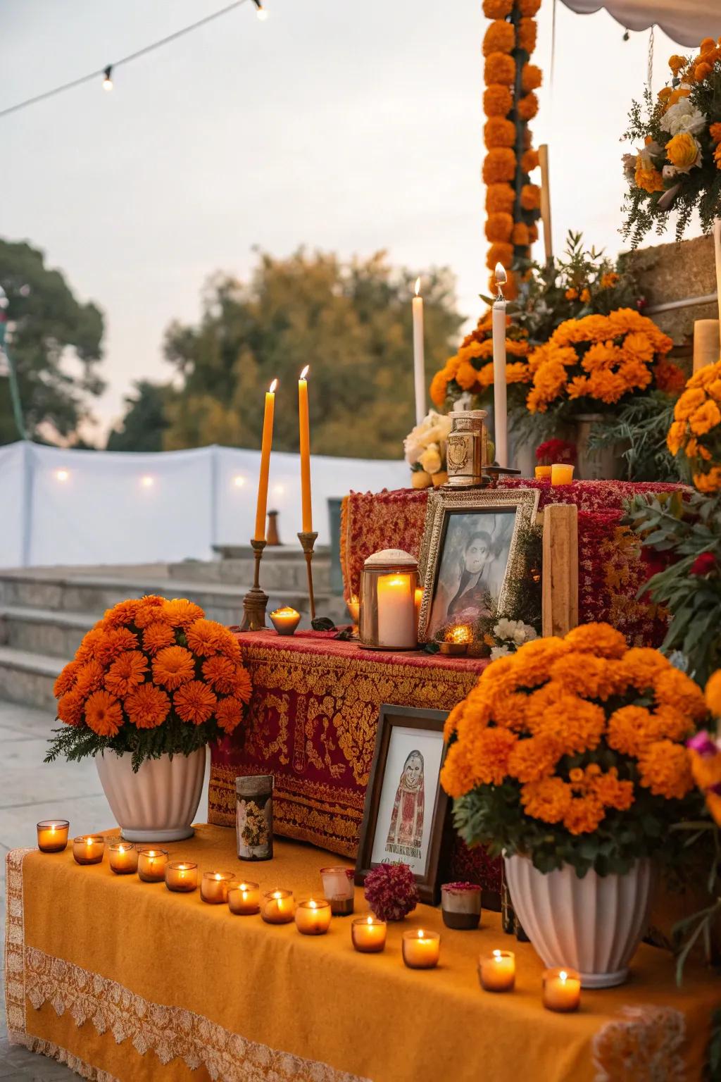 Golden bloom flowers contribute vivid hue and spiritual direction to your ofrenda.
