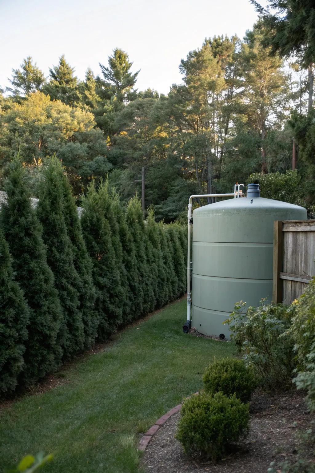 A fuel reservoir cleverly obscured by thriving evergreen shrubs.
