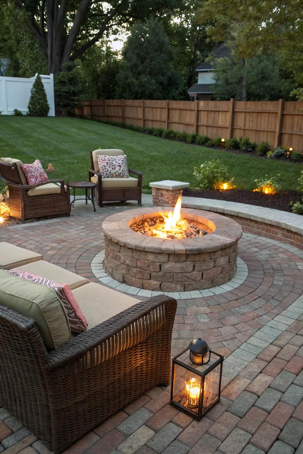 A snug bonfire pit transforms this brick patio into a nighttime retreat