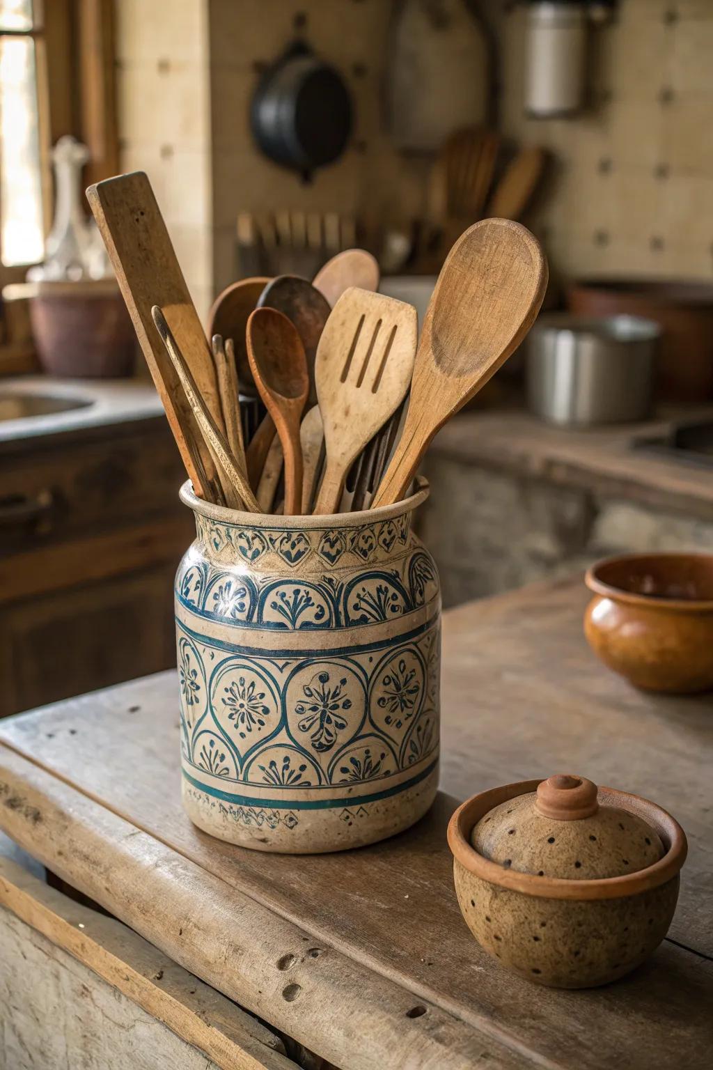 Maintain an organized kitchen with a country-style vessel for your tools.