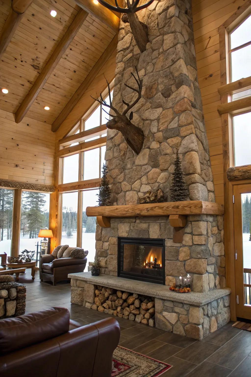 A grand stone fireplace commands attention in a countryside hunting retreat.