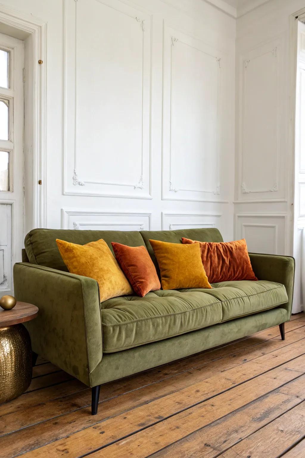 Bright cushions offer a playful contrast to the forest couch.