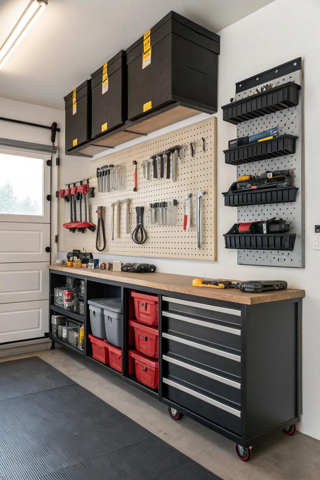 Shelves affixed to the wall help maintain a tidy and efficient garage.