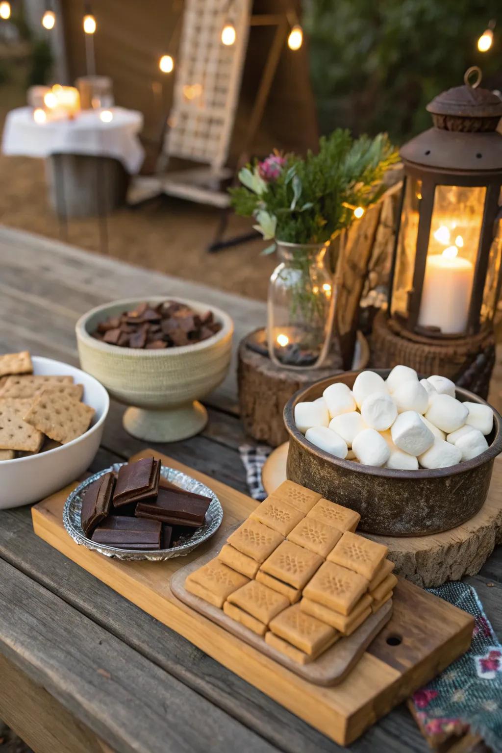 A delightful s'mores station ready for marshmallow roasting.