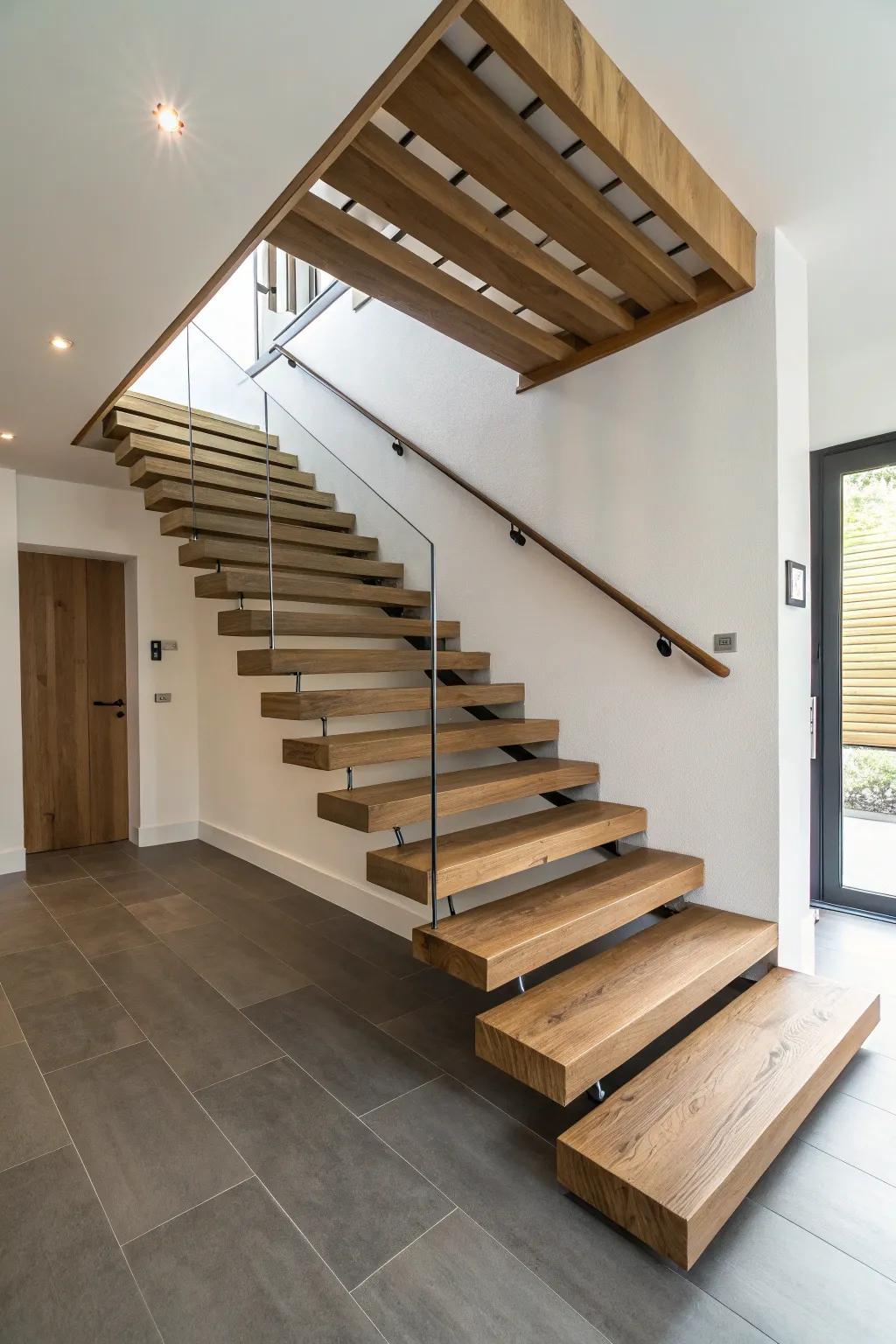 Soaring steps featuring timber planking craft a streamlined and modern impression.