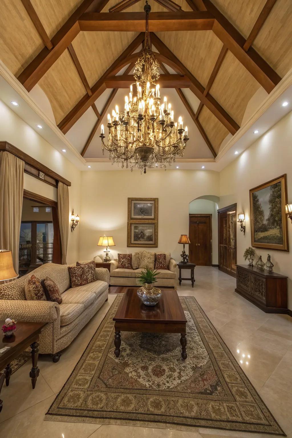 A family room featuring a spectacular cathedral ceiling and elegant chandelier.