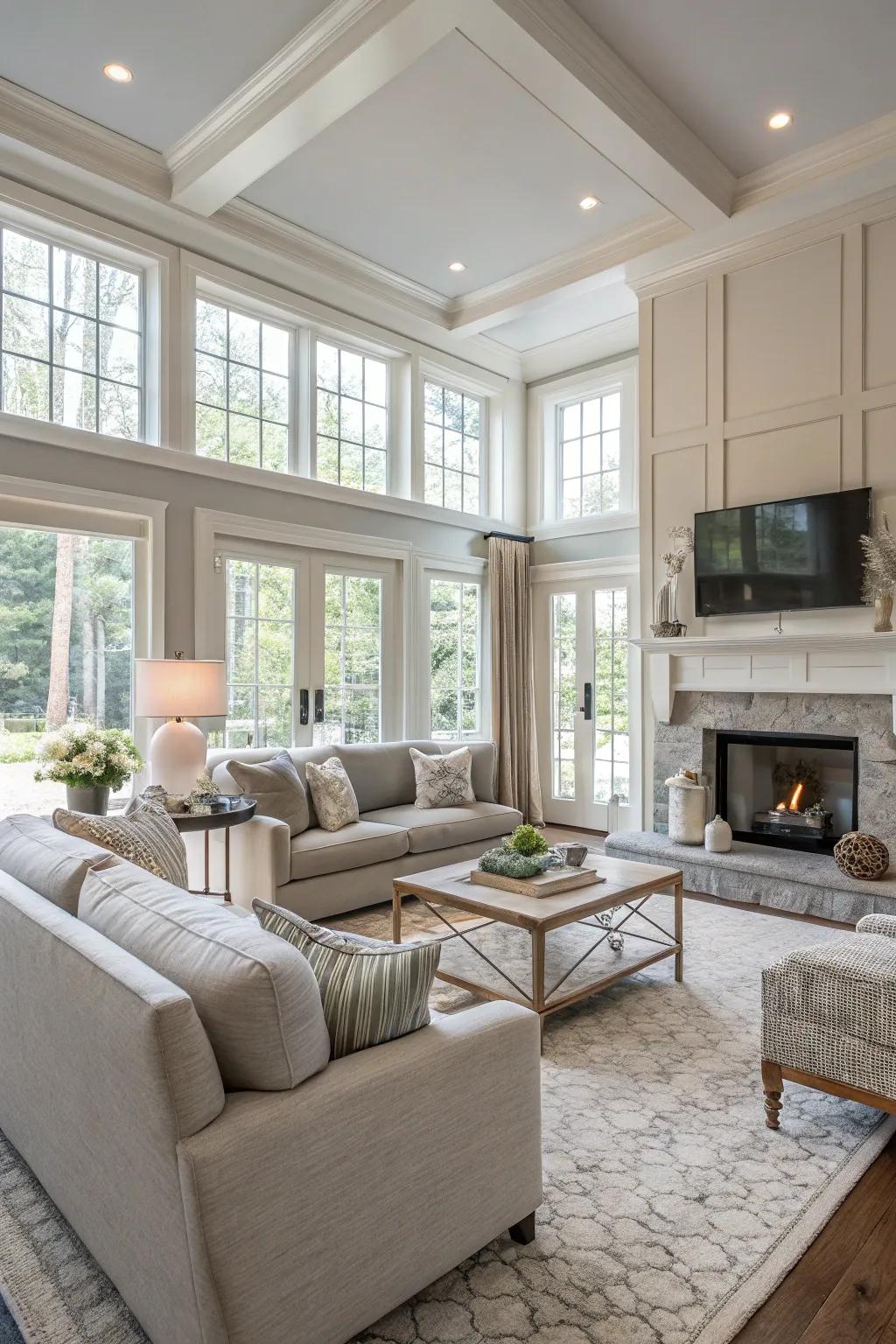 A soothing color theme unites this open living space.