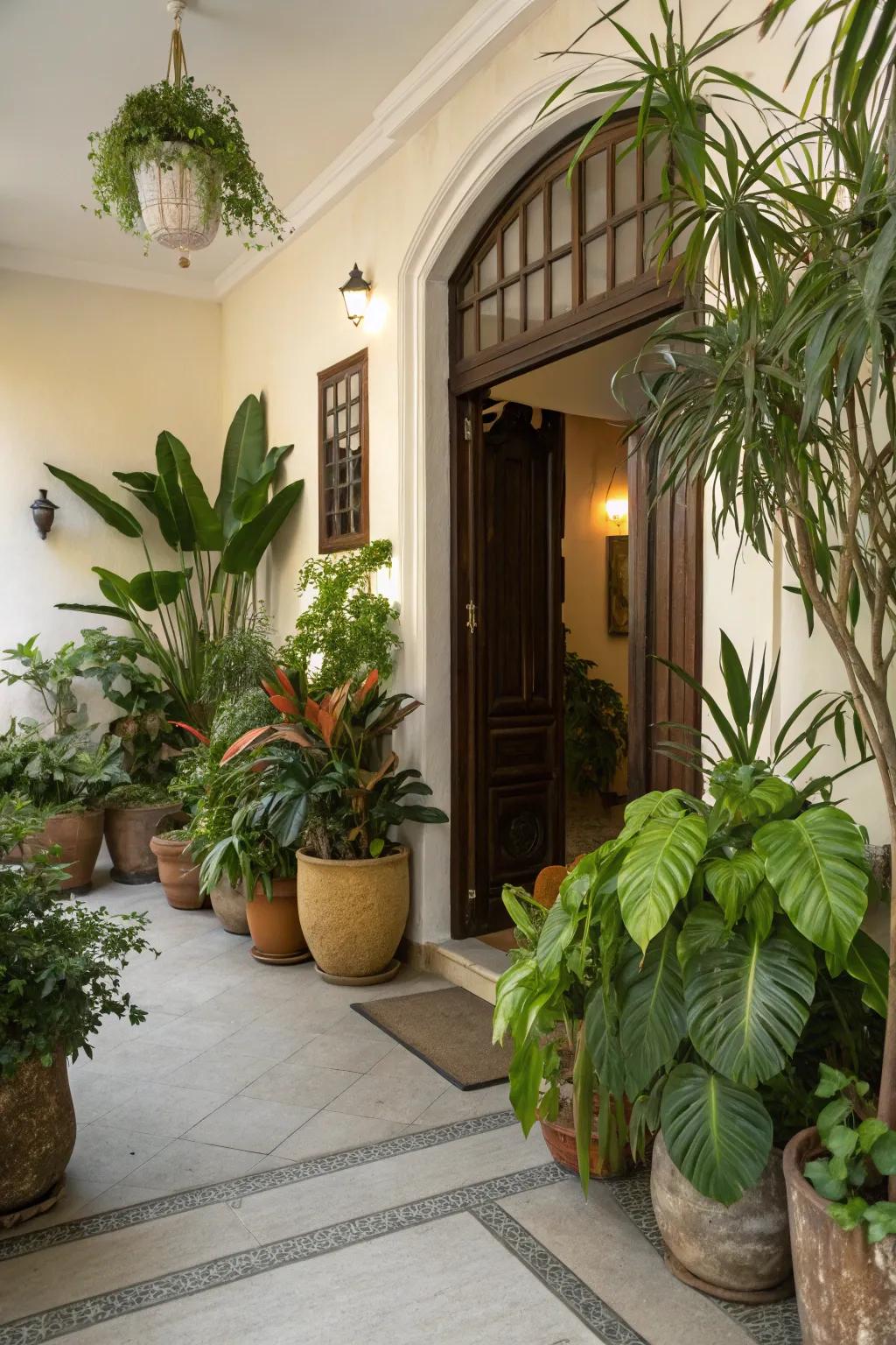 Greenery fills an entryway with life, making it feel both invigorated and hospitable.