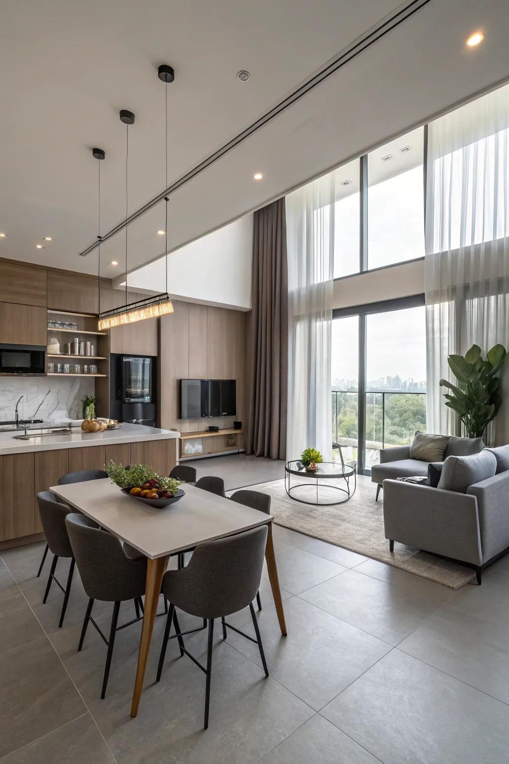 A unified open space effortlessly combining living, dining, and kitchen zones.