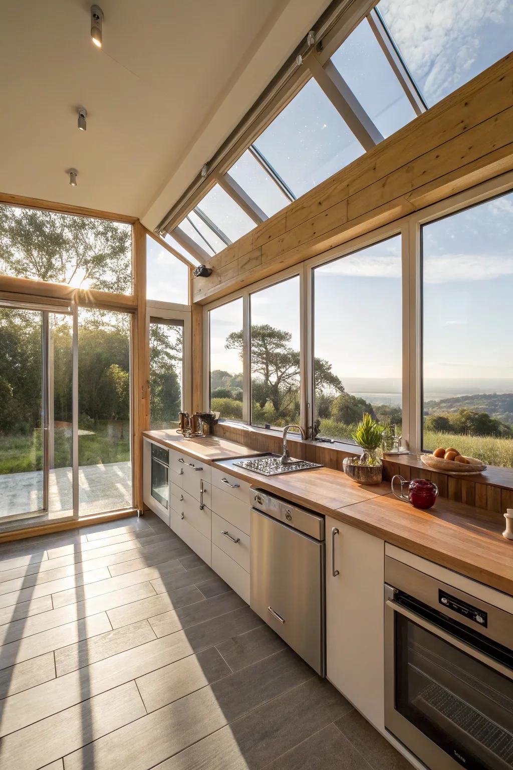 Sunlight pours into an open kitchen through expansive windows.