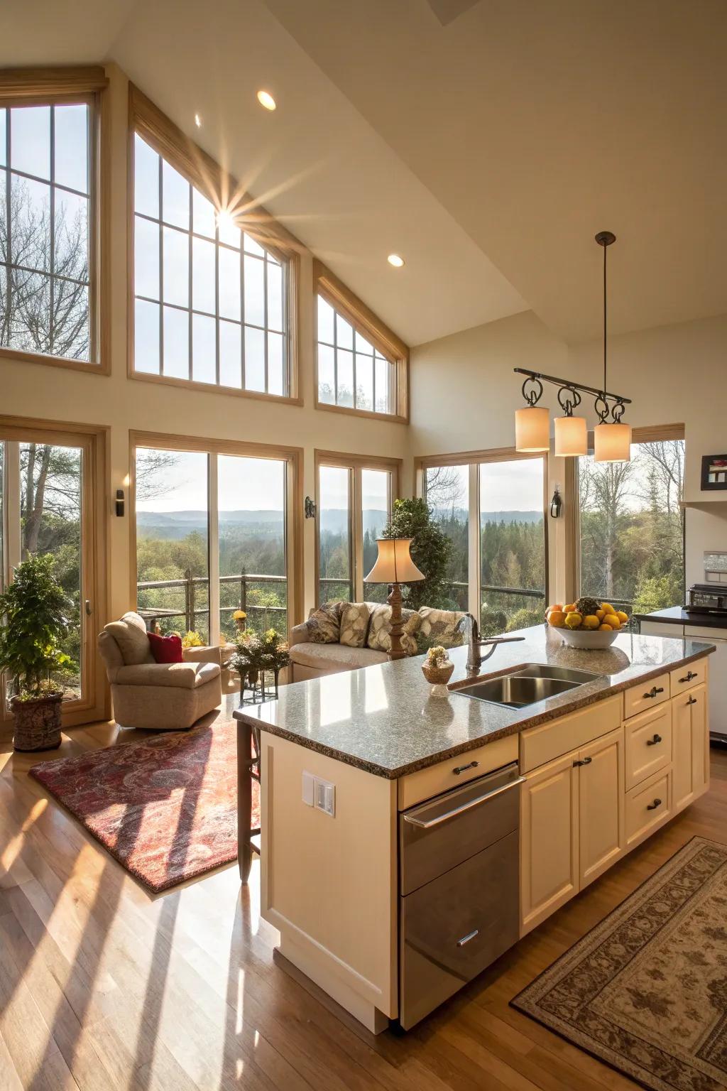 Bask in the glow of a sunlit open kitchen and living room.