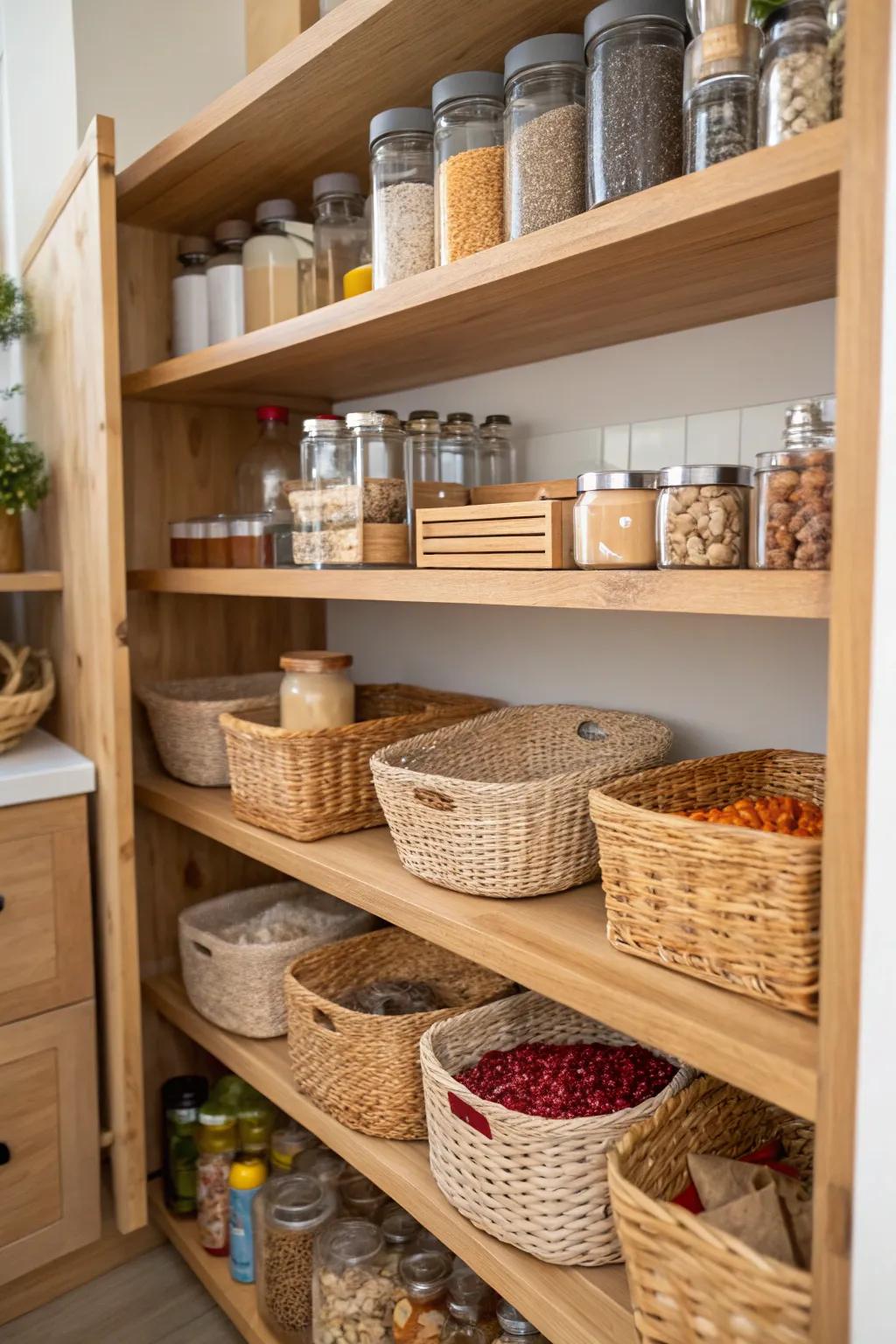 Raw timber racks and bamboo baskets enhance the cozy feel of a pantry.