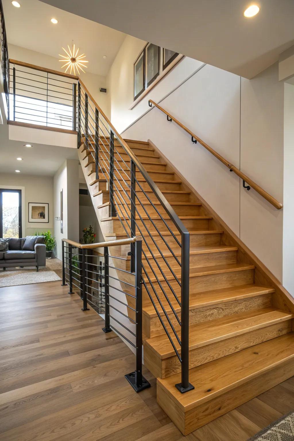 Organic wood shades infuse warmth into this exposed stairway.