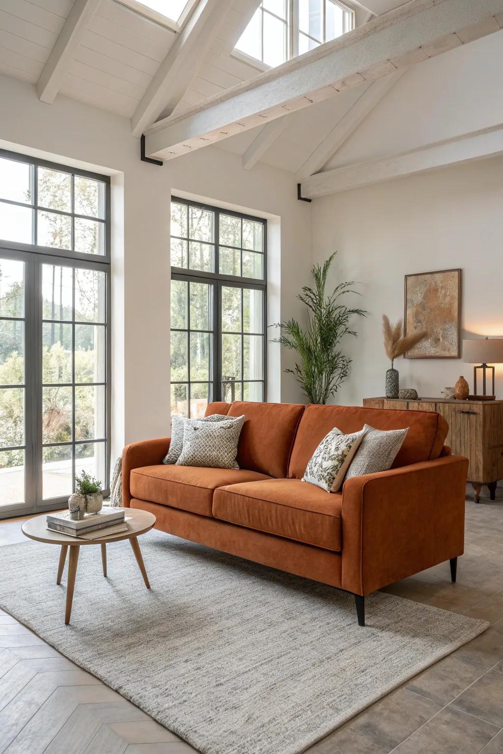 A rust-colored sofa stands out, bestowing a sense of coziness and style to the lounging space.