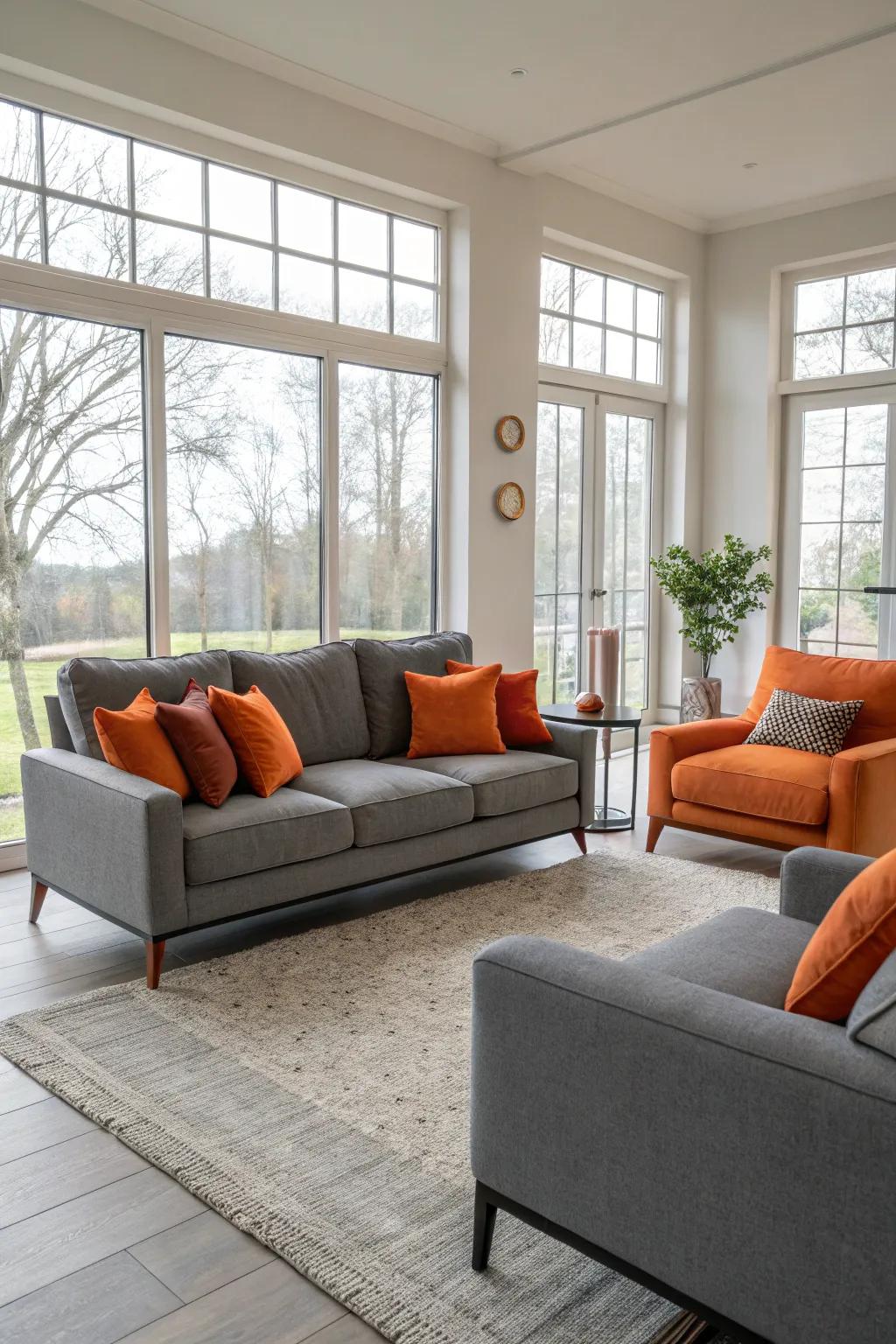 A balanced living room design, featuring grey furniture complemented by coral soft furnishings.