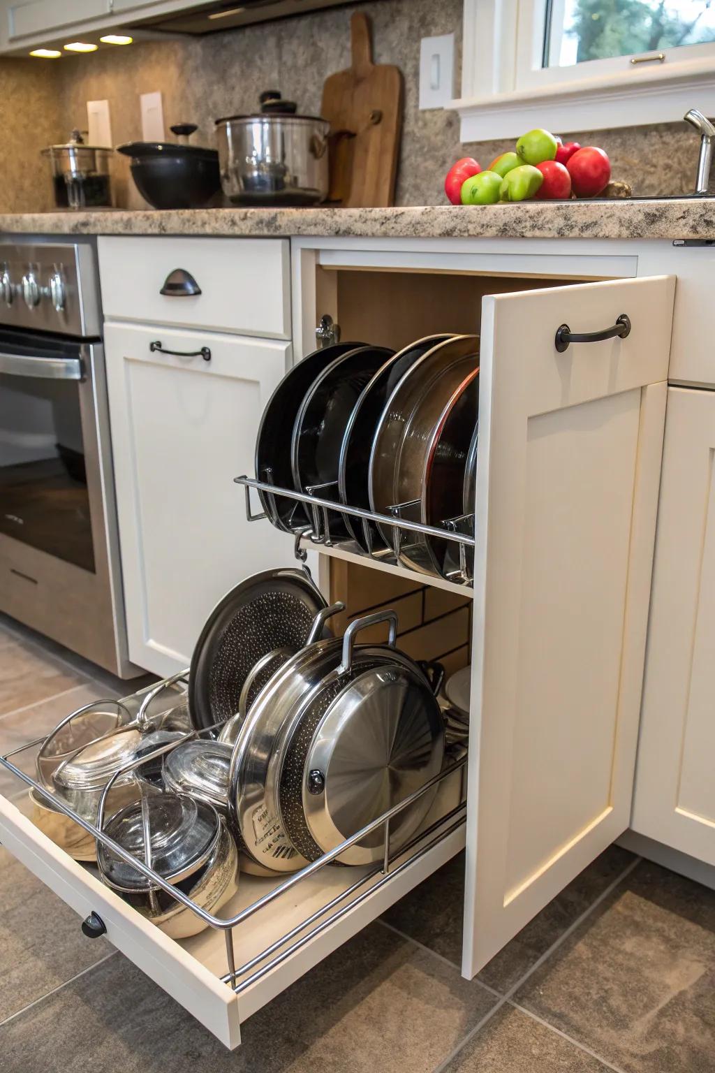 Sliding hangers neatly storing pots and lids inside a cabinet.