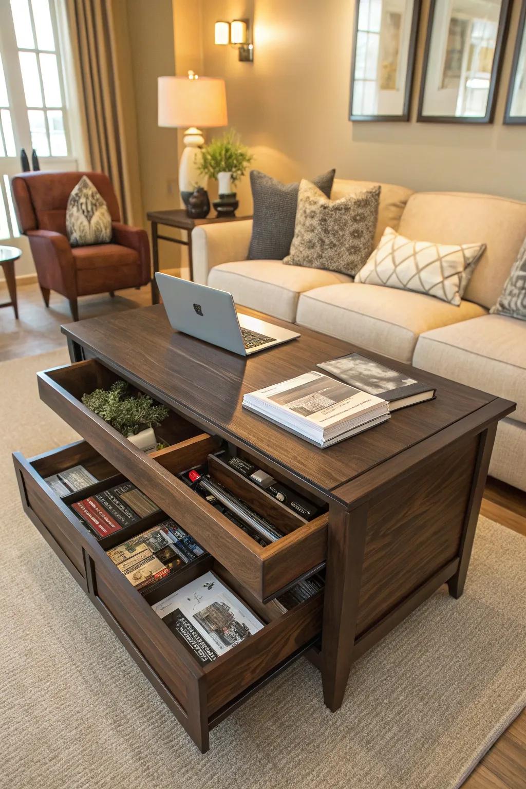 A coffee table with built-in storage is both fashionable and practical.