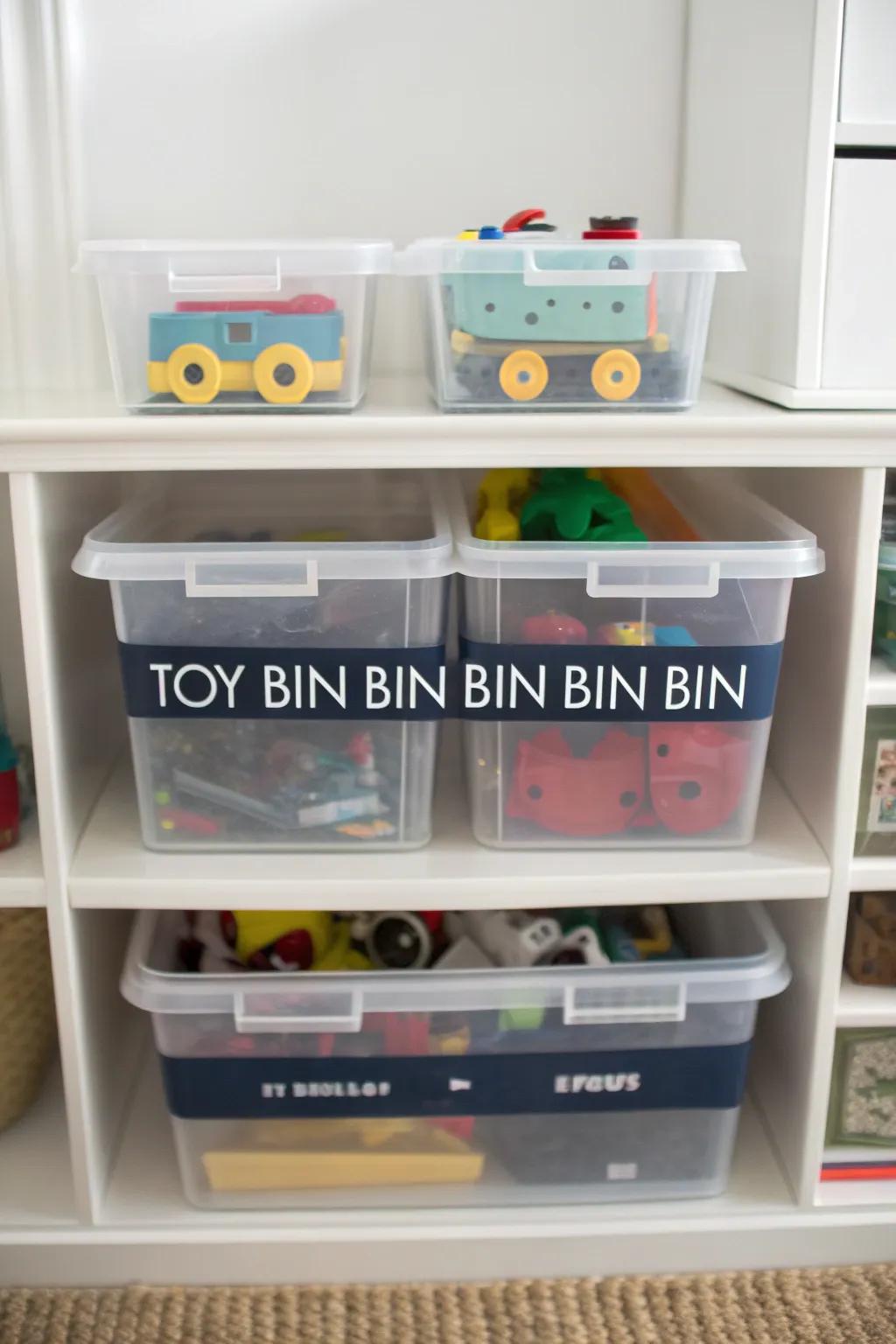 Using see-through bins simplifies arranging toys.